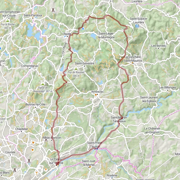 Map miniature of "Nature and Rural Delights" cycling inspiration in Limousin, France. Generated by Tarmacs.app cycling route planner