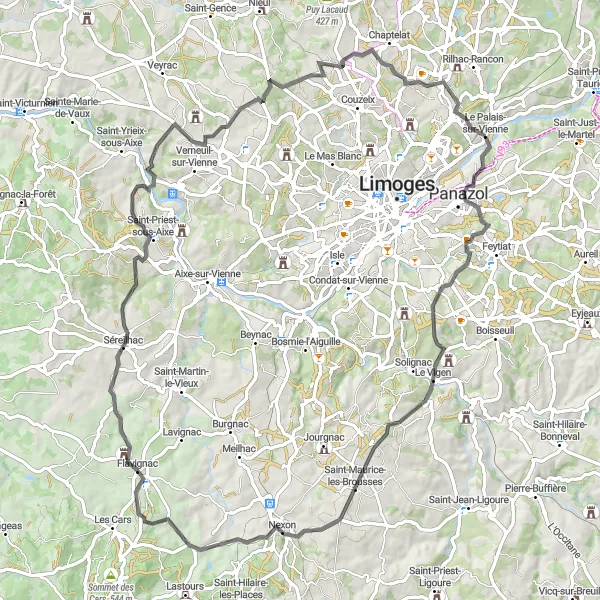 Map miniature of "The Vigen and Beyond" cycling inspiration in Limousin, France. Generated by Tarmacs.app cycling route planner