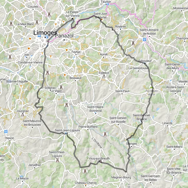 Map miniature of "Scenic and Historical Road Tour" cycling inspiration in Limousin, France. Generated by Tarmacs.app cycling route planner