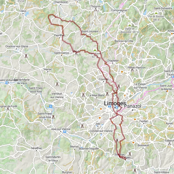 Miniature de la carte de l'inspiration cycliste "Les Routes de Gravel du Limousin" dans la Limousin, France. Générée par le planificateur d'itinéraire cycliste Tarmacs.app