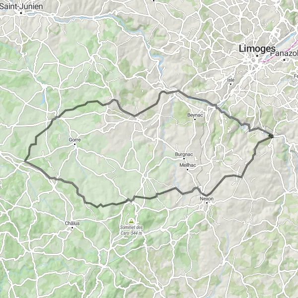 Miniature de la carte de l'inspiration cycliste "Les Vallées de Nexon" dans la Limousin, France. Générée par le planificateur d'itinéraire cycliste Tarmacs.app