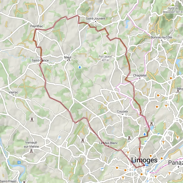 Map miniature of "Gravel Ride from Limoges" cycling inspiration in Limousin, France. Generated by Tarmacs.app cycling route planner