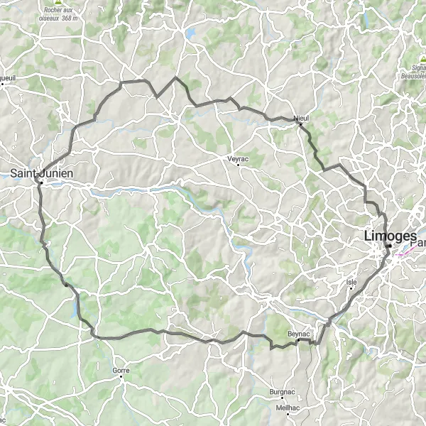Map miniature of "Road Cycling Adventure near Limoges" cycling inspiration in Limousin, France. Generated by Tarmacs.app cycling route planner