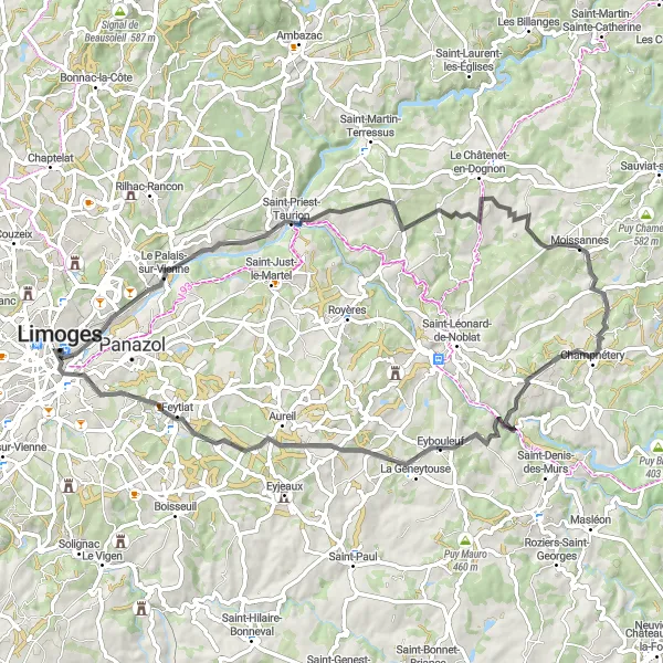 Map miniature of "Scenic Road Cycling Tour around Limoges" cycling inspiration in Limousin, France. Generated by Tarmacs.app cycling route planner