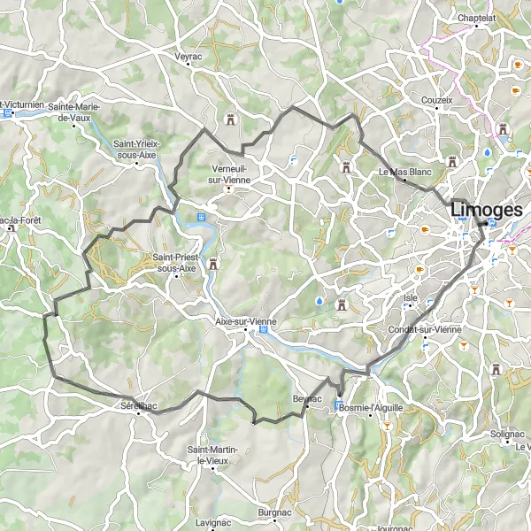 Map miniature of "Road Cycling Excursion near Limoges" cycling inspiration in Limousin, France. Generated by Tarmacs.app cycling route planner