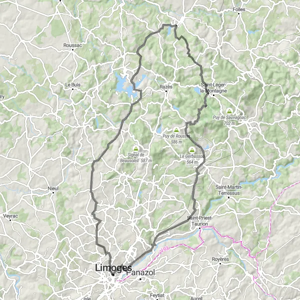 Miniature de la carte de l'inspiration cycliste "Défi dans les Collines Limousines" dans la Limousin, France. Générée par le planificateur d'itinéraire cycliste Tarmacs.app