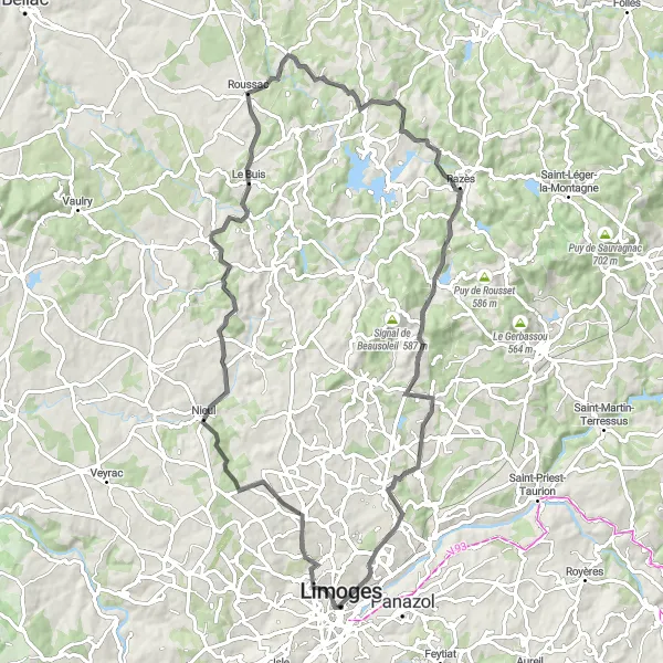 Map miniature of "The Nieul Loop" cycling inspiration in Limousin, France. Generated by Tarmacs.app cycling route planner