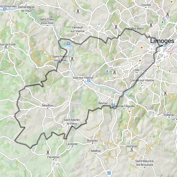 Map miniature of "The Beynac Circuit" cycling inspiration in Limousin, France. Generated by Tarmacs.app cycling route planner