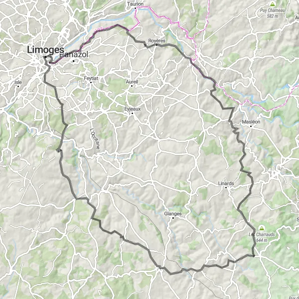 Miniature de la carte de l'inspiration cycliste "Itinéraire Route pittoresque près de Limoges" dans la Limousin, France. Générée par le planificateur d'itinéraire cycliste Tarmacs.app