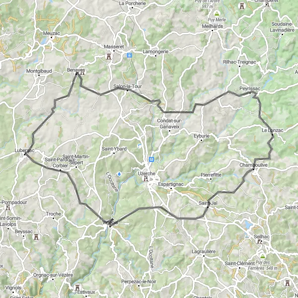 Map miniature of "Limousin Hills Challenge" cycling inspiration in Limousin, France. Generated by Tarmacs.app cycling route planner