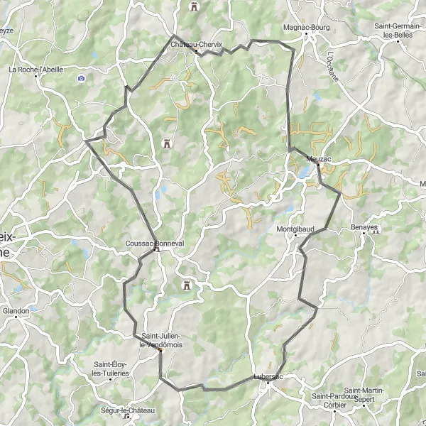 Miniature de la carte de l'inspiration cycliste "Boucle des villages de Haute-Vienne" dans la Limousin, France. Générée par le planificateur d'itinéraire cycliste Tarmacs.app