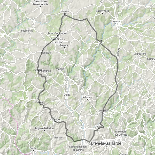 Miniature de la carte de l'inspiration cycliste "Circuit des collines de Limousin" dans la Limousin, France. Générée par le planificateur d'itinéraire cycliste Tarmacs.app