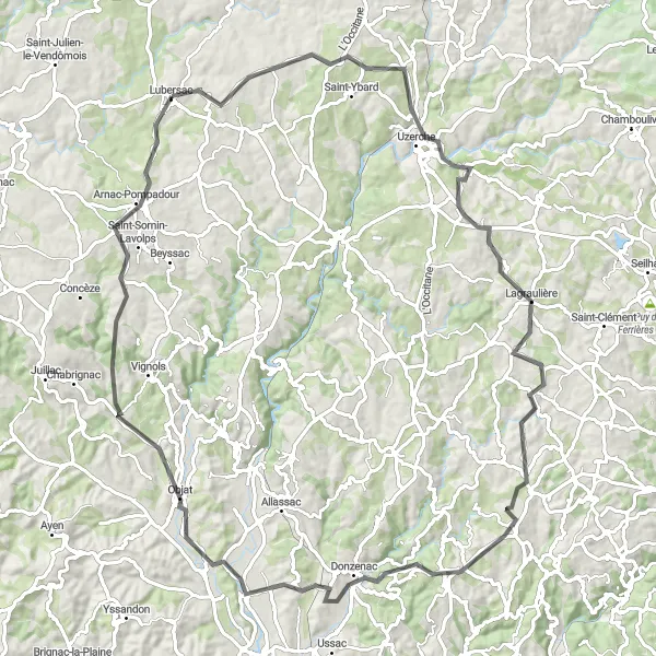 Miniature de la carte de l'inspiration cycliste "La Grande Boucle du Limousin" dans la Limousin, France. Générée par le planificateur d'itinéraire cycliste Tarmacs.app