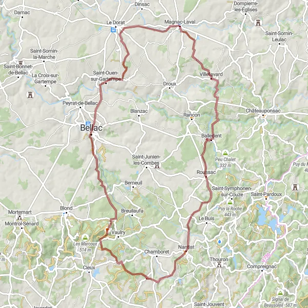 Map miniature of "The Gravel Adventure" cycling inspiration in Limousin, France. Generated by Tarmacs.app cycling route planner