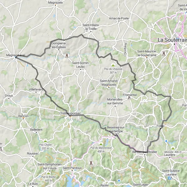 Map miniature of "The Spectacular Mountain Challenge" cycling inspiration in Limousin, France. Generated by Tarmacs.app cycling route planner