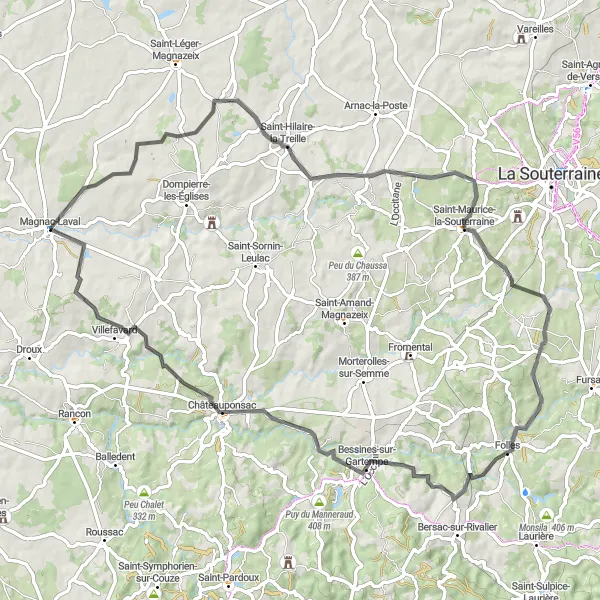 Map miniature of "The Countryside Expedition" cycling inspiration in Limousin, France. Generated by Tarmacs.app cycling route planner