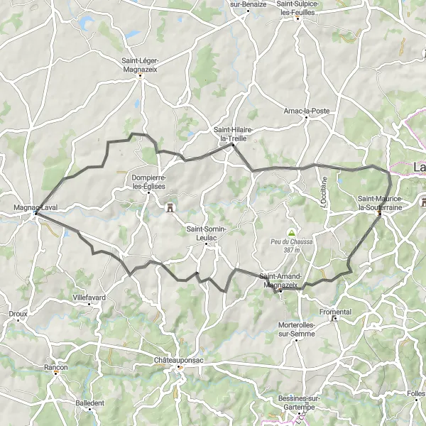 Map miniature of "Scenic Hills Loop" cycling inspiration in Limousin, France. Generated by Tarmacs.app cycling route planner