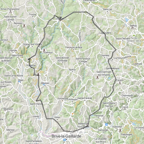 Map miniature of "Glimpses of Brive and Beyond" cycling inspiration in Limousin, France. Generated by Tarmacs.app cycling route planner