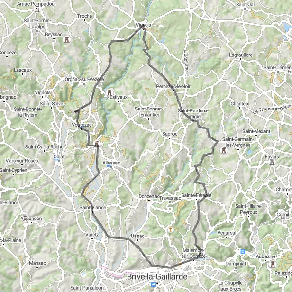 Map miniature of "Journey through History and Nature" cycling inspiration in Limousin, France. Generated by Tarmacs.app cycling route planner