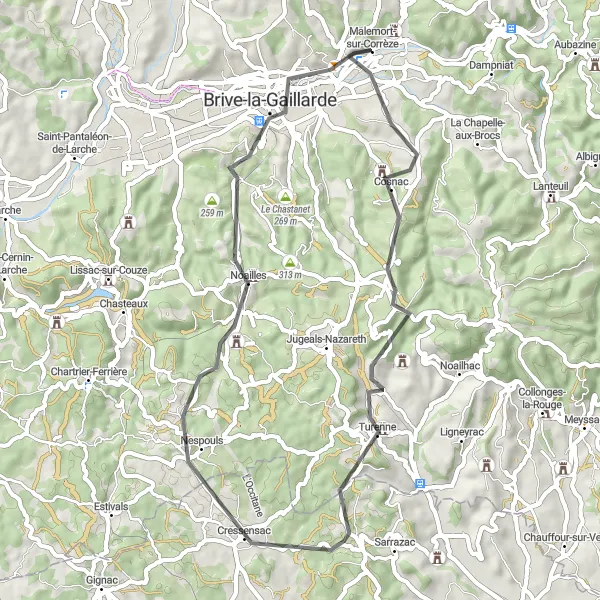 Miniature de la carte de l'inspiration cycliste "Parcours Historique et Pittoresque de la Corrèze" dans la Limousin, France. Générée par le planificateur d'itinéraire cycliste Tarmacs.app