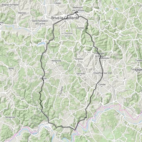 Map miniature of "Collonges-la-Rouge Ride" cycling inspiration in Limousin, France. Generated by Tarmacs.app cycling route planner