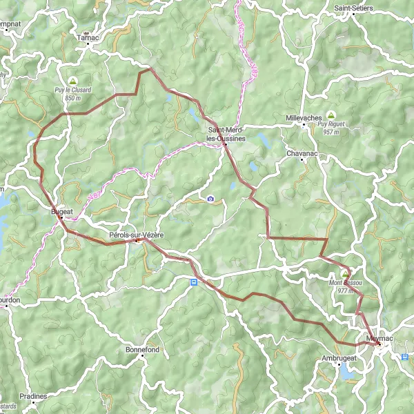 Miniature de la carte de l'inspiration cycliste "Boucle de Montagne-du-Mas-Cheny" dans la Limousin, France. Générée par le planificateur d'itinéraire cycliste Tarmacs.app