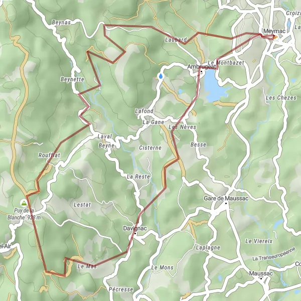 Miniature de la carte de l'inspiration cycliste "Itinéraire d'Ambrugeat" dans la Limousin, France. Générée par le planificateur d'itinéraire cycliste Tarmacs.app