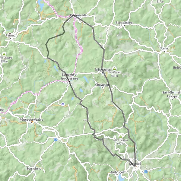 Map miniature of "Loop from Meymac" cycling inspiration in Limousin, France. Generated by Tarmacs.app cycling route planner