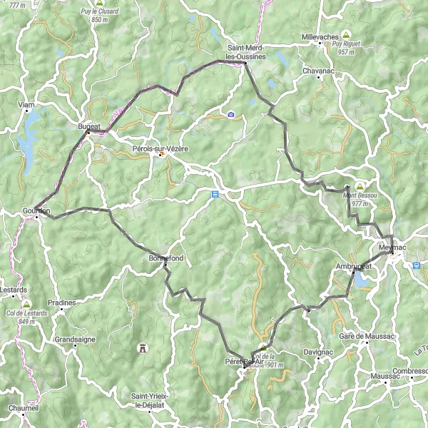 Map miniature of "Challenging Road Cycling Adventure" cycling inspiration in Limousin, France. Generated by Tarmacs.app cycling route planner