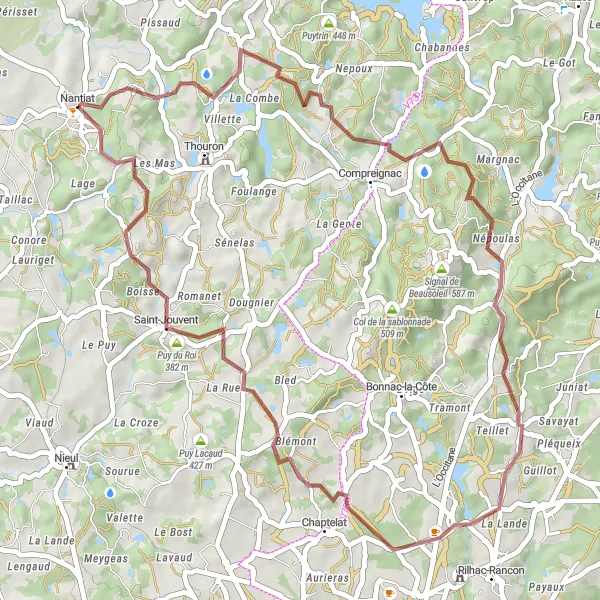 Map miniature of "The Beaune-les-Mines Loop" cycling inspiration in Limousin, France. Generated by Tarmacs.app cycling route planner