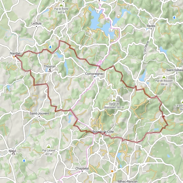 Miniature de la carte de l'inspiration cycliste "Boucle des Puy de Limousin" dans la Limousin, France. Générée par le planificateur d'itinéraire cycliste Tarmacs.app