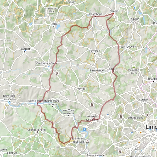 Miniature de la carte de l'inspiration cycliste "Les Collines de la Vienne" dans la Limousin, France. Générée par le planificateur d'itinéraire cycliste Tarmacs.app