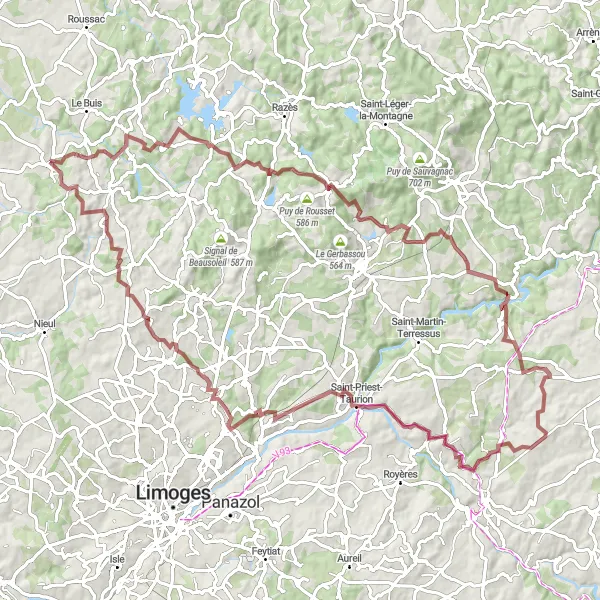 Miniature de la carte de l'inspiration cycliste "Randonnée gravier autour de Nantiat" dans la Limousin, France. Générée par le planificateur d'itinéraire cycliste Tarmacs.app