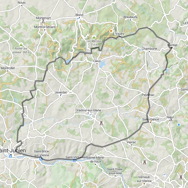 Map miniature of "The Countryside Escape" cycling inspiration in Limousin, France. Generated by Tarmacs.app cycling route planner