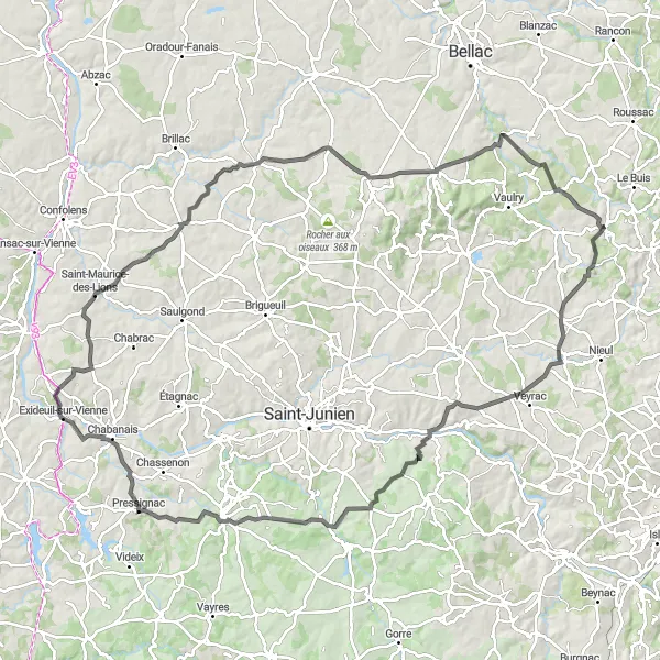 Map miniature of "The Rochechouart Circuit" cycling inspiration in Limousin, France. Generated by Tarmacs.app cycling route planner