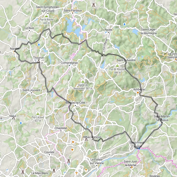 Miniature de la carte de l'inspiration cycliste "Boucle pittoresque de Nantiat" dans la Limousin, France. Générée par le planificateur d'itinéraire cycliste Tarmacs.app