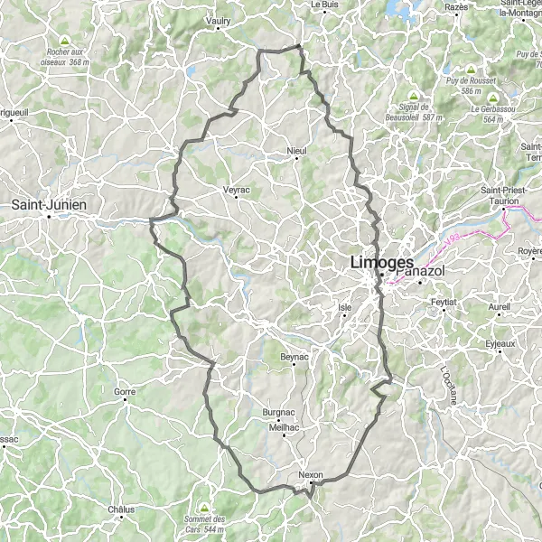 Miniature de la carte de l'inspiration cycliste "Les collines de Limousin" dans la Limousin, France. Générée par le planificateur d'itinéraire cycliste Tarmacs.app