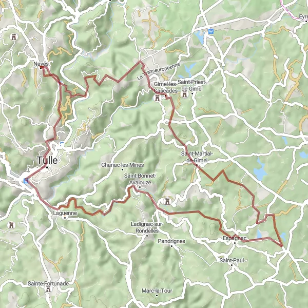 Map miniature of "Gravel Cycling Route: Cascades Adventure" cycling inspiration in Limousin, France. Generated by Tarmacs.app cycling route planner