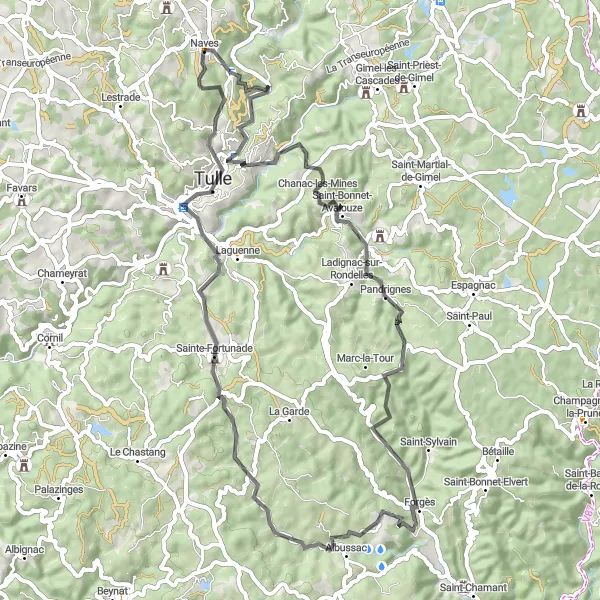 Map miniature of "Road Cycling Route: Exploring Corrèze Countryside" cycling inspiration in Limousin, France. Generated by Tarmacs.app cycling route planner