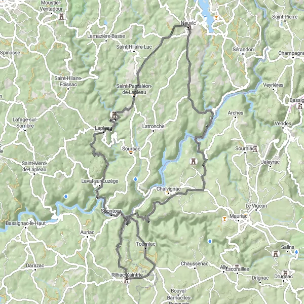 Map miniature of "Neuvic - Chalvignac - Rilhac-Xaintrie - Lapleau - Saint-Pantaléon-de-Lapleau - Neuvic" cycling inspiration in Limousin, France. Generated by Tarmacs.app cycling route planner