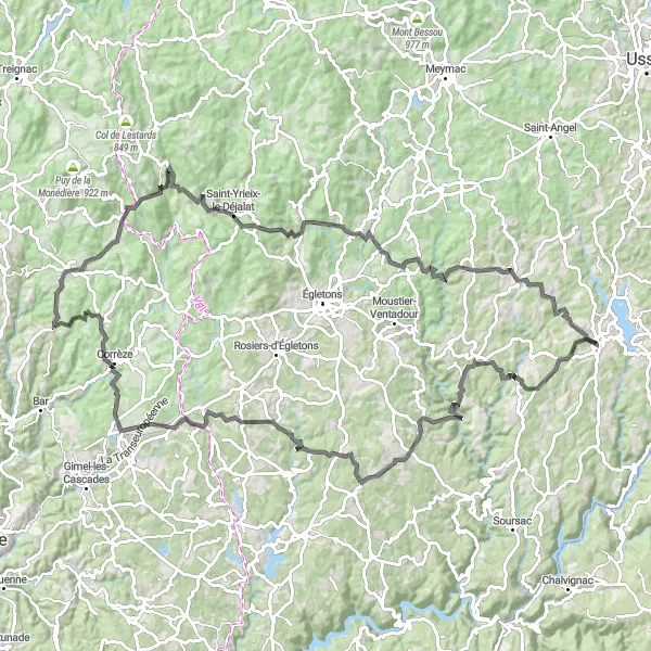 Map miniature of "Lamazière-Basse to Meyrignac-l'Église" cycling inspiration in Limousin, France. Generated by Tarmacs.app cycling route planner