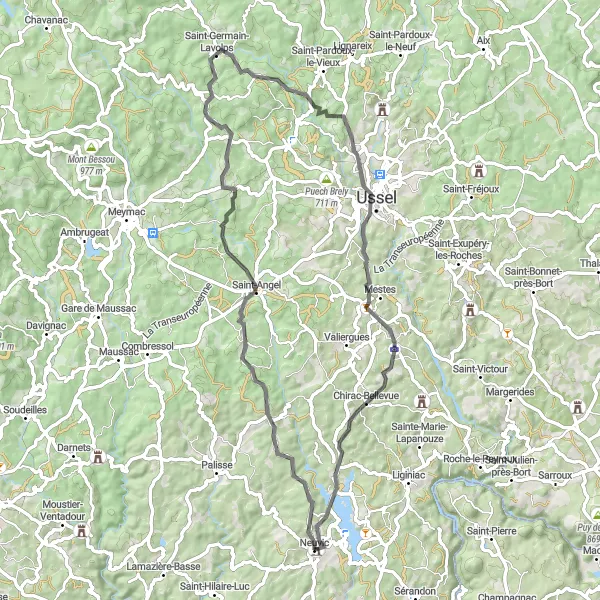 Map miniature of "Neuvic - Saint-Angel - Saint-Germain-Lavolps - Ussel - Puy de la Coste - Chirac-Bellevue - Neuvic" cycling inspiration in Limousin, France. Generated by Tarmacs.app cycling route planner