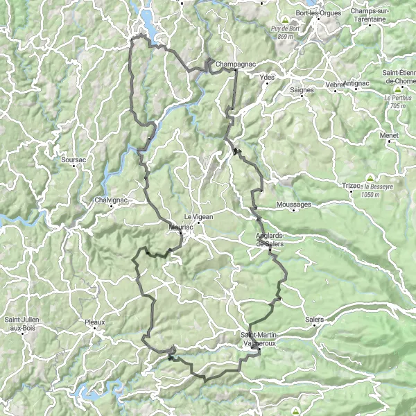 Map miniature of "Sérandon and Mauriac Loop" cycling inspiration in Limousin, France. Generated by Tarmacs.app cycling route planner