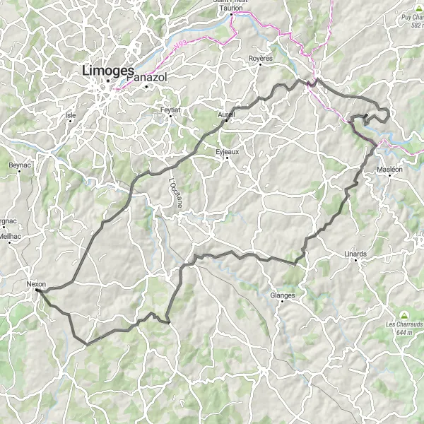 Miniature de la carte de l'inspiration cycliste "Les Cols de Limousin" dans la Limousin, France. Générée par le planificateur d'itinéraire cycliste Tarmacs.app