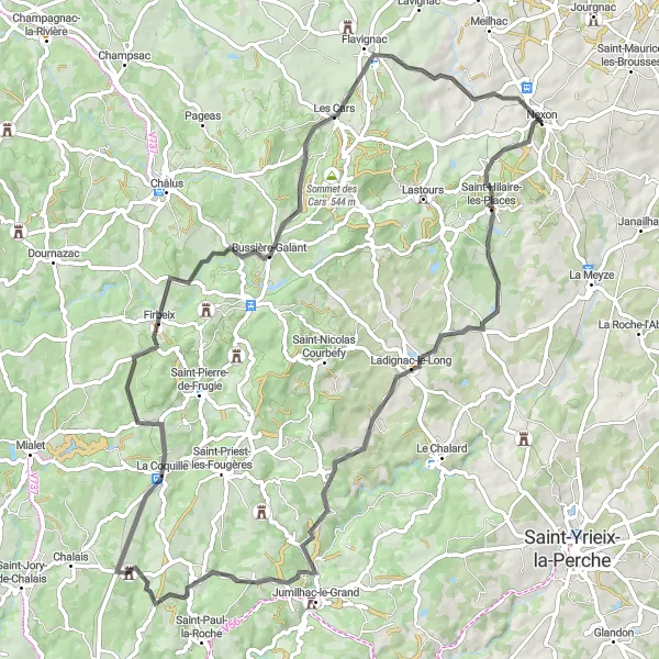 Map miniature of "Enchanting route through Saint-Hilaire-les-Places, Ladignac-le-Long, Château de Mavaleix, Firbeix, Les Cars, and Nexon" cycling inspiration in Limousin, France. Generated by Tarmacs.app cycling route planner