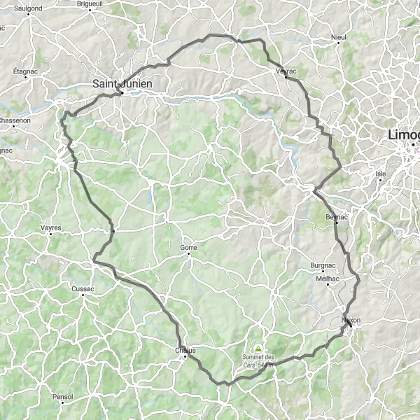 Map miniature of "Nexon to Oradour-sur-Vayres" cycling inspiration in Limousin, France. Generated by Tarmacs.app cycling route planner