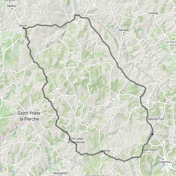 Map miniature of "Nexon to Château de Rabaud" cycling inspiration in Limousin, France. Generated by Tarmacs.app cycling route planner