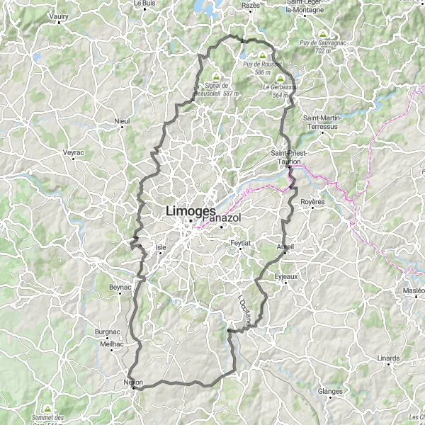 Map miniature of "Nexon to Château de Beauvais" cycling inspiration in Limousin, France. Generated by Tarmacs.app cycling route planner