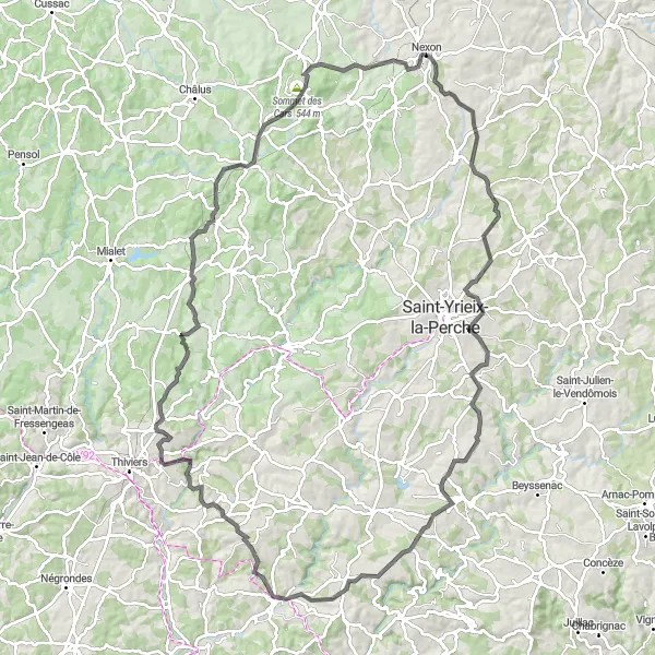 Map miniature of "Nexon to La Coquille" cycling inspiration in Limousin, France. Generated by Tarmacs.app cycling route planner