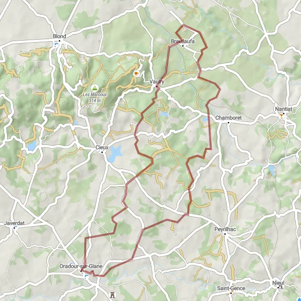Map miniature of "Oradour-sur-Glane to Dolmen de la Betoulle Gravel Route" cycling inspiration in Limousin, France. Generated by Tarmacs.app cycling route planner